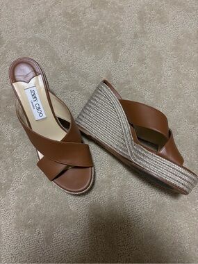Jimmy Choo Tan Leather Espadrille Wedge Sandals